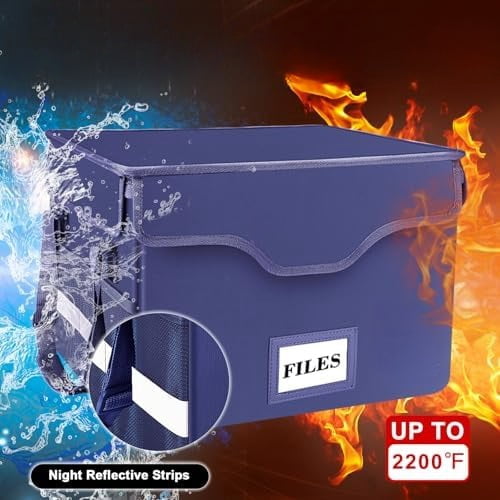 Fireproof Document Box with Lock, File Storage Organizer with Mesh Pockets, Collapsible Portable File Box Home Office Safe Filing Cabinet with Handle for Hanging Letter/Legal Folder, Blue