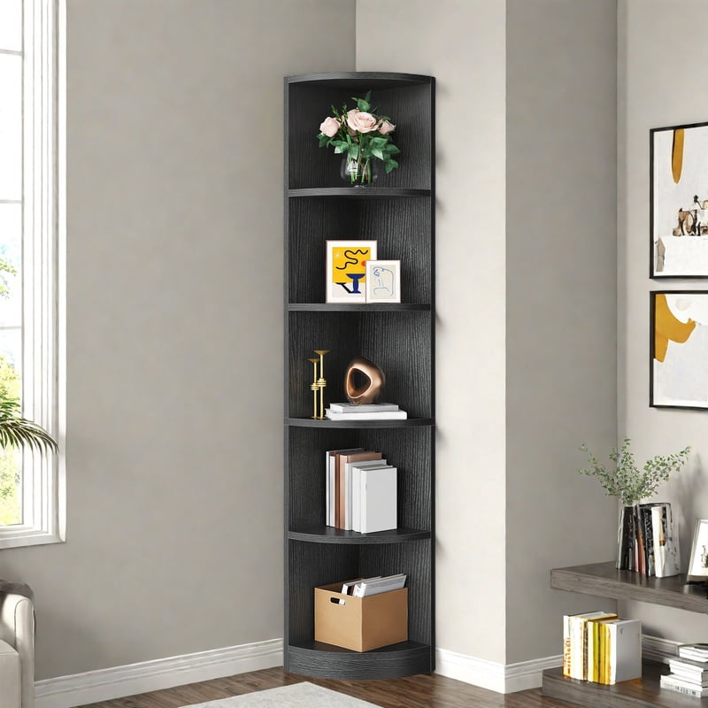 Uforic Tall Corner Shelf, 5-Tier Bookshelf, Modern Corner Bookcase Display Rack Storage Shelves, Black