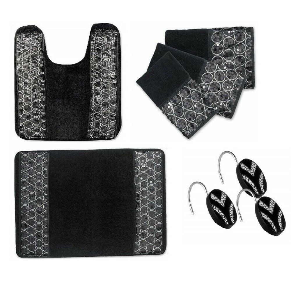 7 Piece Sinatra Black Shower Curtain, Resin Shower Hooks, 2 Rugs and Towel Set