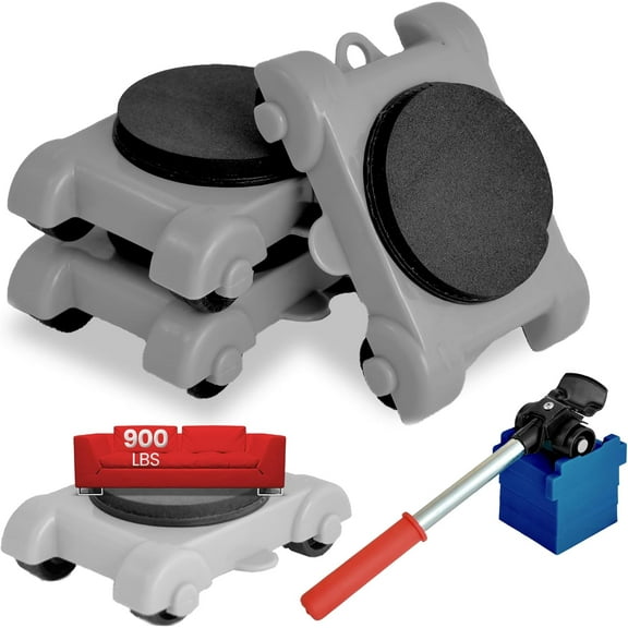 Furniture Mover Dolly with 4 Wheels, 4 Sliders and Lifter Tool - 900lbs Load Capacity - Adjustable Height for Appliance, Table, and Sofa Moving