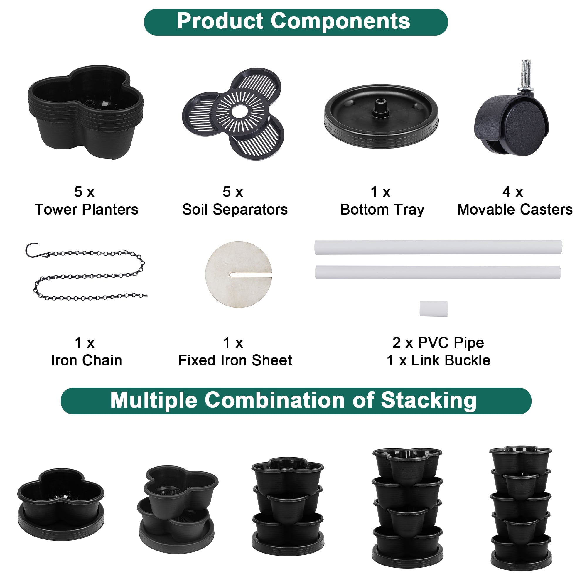 VECELO Stackable Planters 5 Tier Vertical Gardening Planter, Stackable Garden Tower Indoor Outdoor Pot For Strawberries, Flowers, Herbs, Vegetables With Removable Wheels, Black