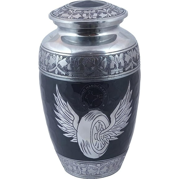Silver Engraved Cremation Urn for Human Ashes Adult Funeral Urn Handcrafted - Large Burial Urn for Human Ashes - BAG INCLUDED (6.5" x 6.5" x 10.5", Angel Wing-8)