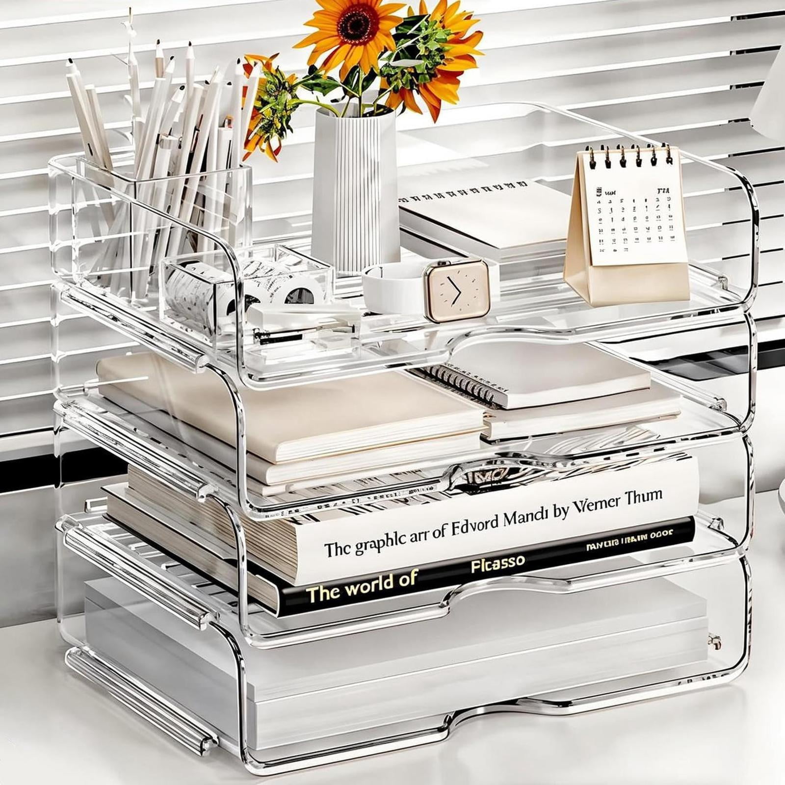 PHANCIR Clear 4-Tier Stackable Desk Organizer, Horizontal Paper File Tray, Desktop Document Sorter & Storage for Office, Home, School, Holds A4, Letters, Notebooks, Books & Office Supplies