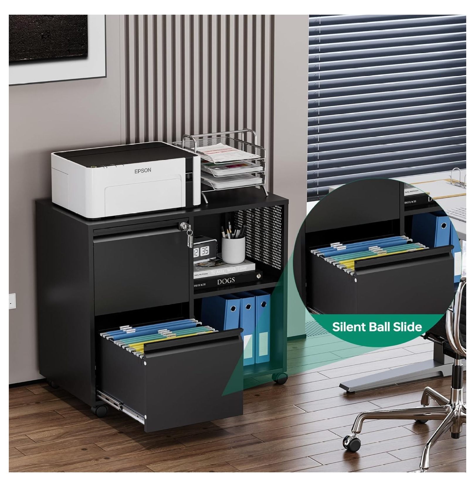 WDZS Mobile File Cabinet, Metal Lateral Rolling Printer Stand Filing Cabinets with Shelves for Home Office-Storage A4/F4/Letter (Black)
