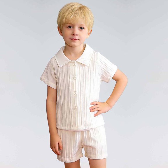 Gyexs Boys 2 Piece Summer Outfits Beach Vacation Sets Textured Linen Short Sleeve Button Down Shirts and Shorts Clothing Set White, 12-18 Months