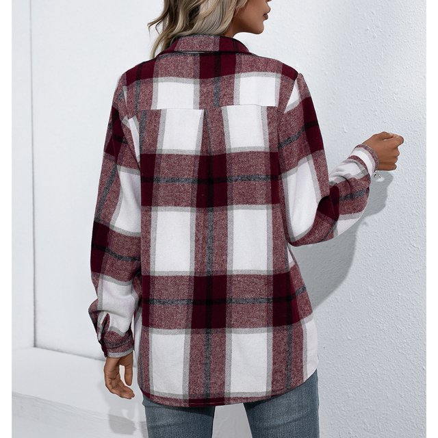 Prendas De Abrigo De Manga Larga Chaqueta Holgada A Cuadros Cuello Doblado Poliéster Elegante Para El Trabajo De La Vida Diaria ANGGREK Ropa