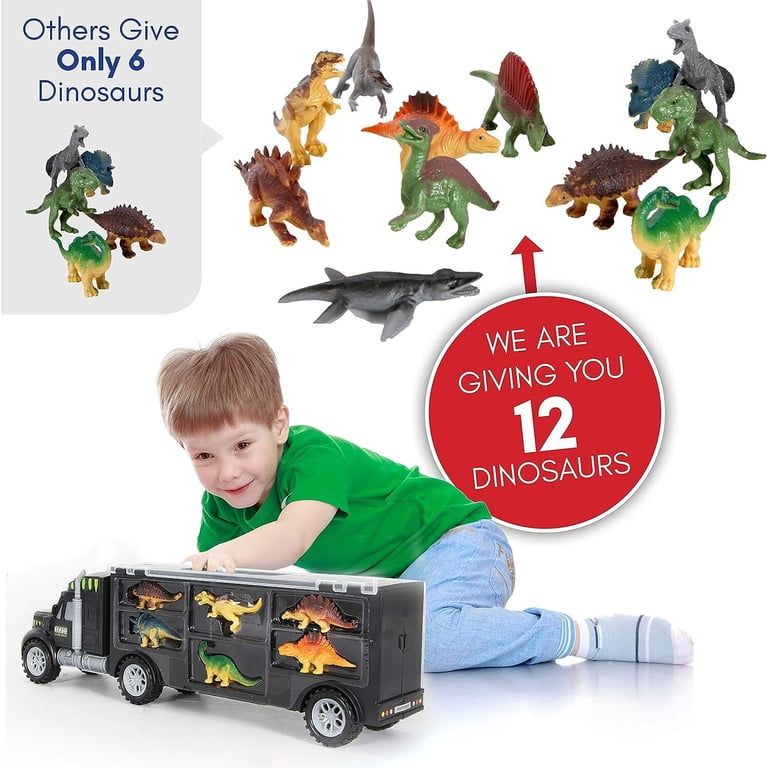 Jumbo Dinosaur Toy Play Set - 12 Dinosaurs, 6 Trucks & Carrier Plane For Kids 3+