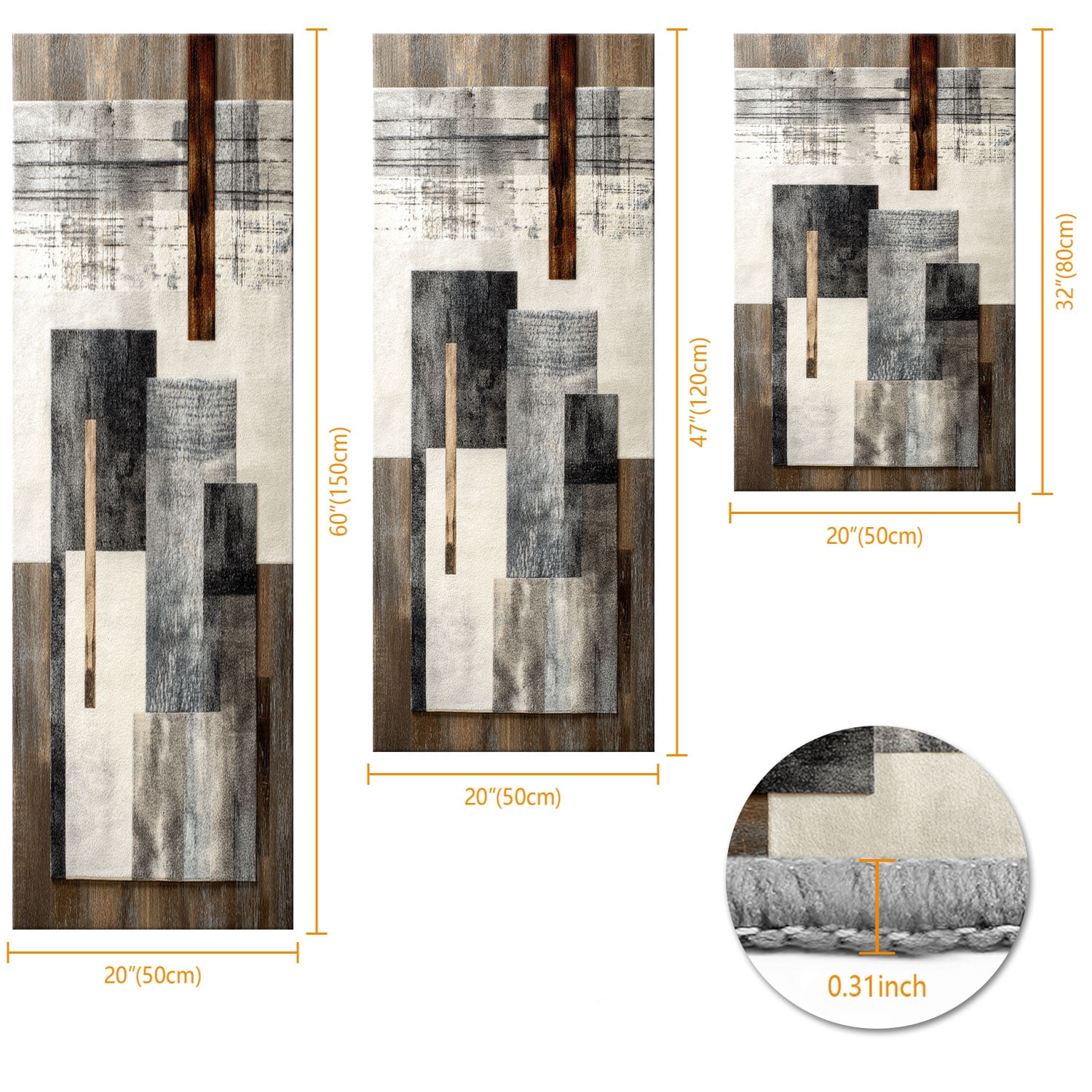 3-Piece Farmhouse Kitchen Rug Set, Washable Anti Slip Striped Floor Mats in 3 Sizes, Stain Resistant Decor Rugs for Kitchen Hallway Bathroom Home Christmas Decor