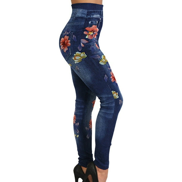 Sexy Dance Women Fake Jeans High Waist Look Print Jeggings Tummy Control  Denim Leggings Comfy Trousers Butt Lifting Bottoms Blue XL 