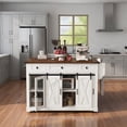 thumbnail image 3 of 58" Farmhouse Kitchen Island with Storage, Sliding Barn Door & Metal Grid Side Door, Rolling Cart with Drop Leaf, Spice Rack & Glass Holders, White, 3 of 12