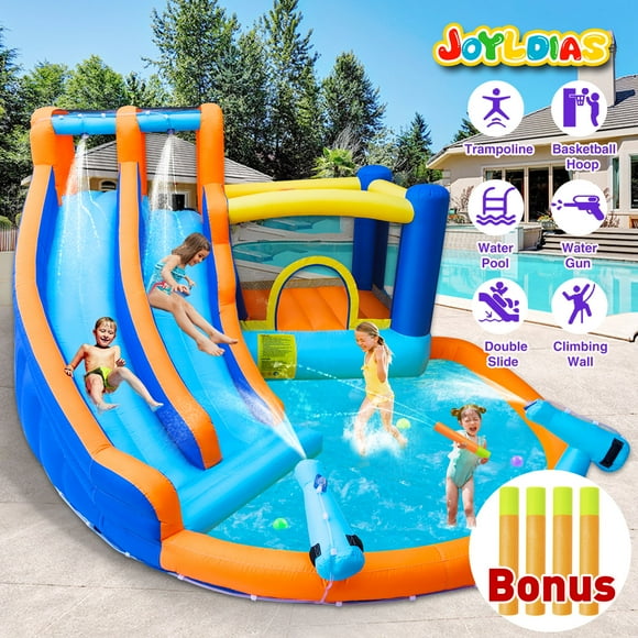 JOYLDIAS Kids Inflatable Water Slide Giant Water Park Double Slide Bouncer Playhouse Castle with 4 Water Guns, Pool, Jump Area, Climbing Wall, Air Blower