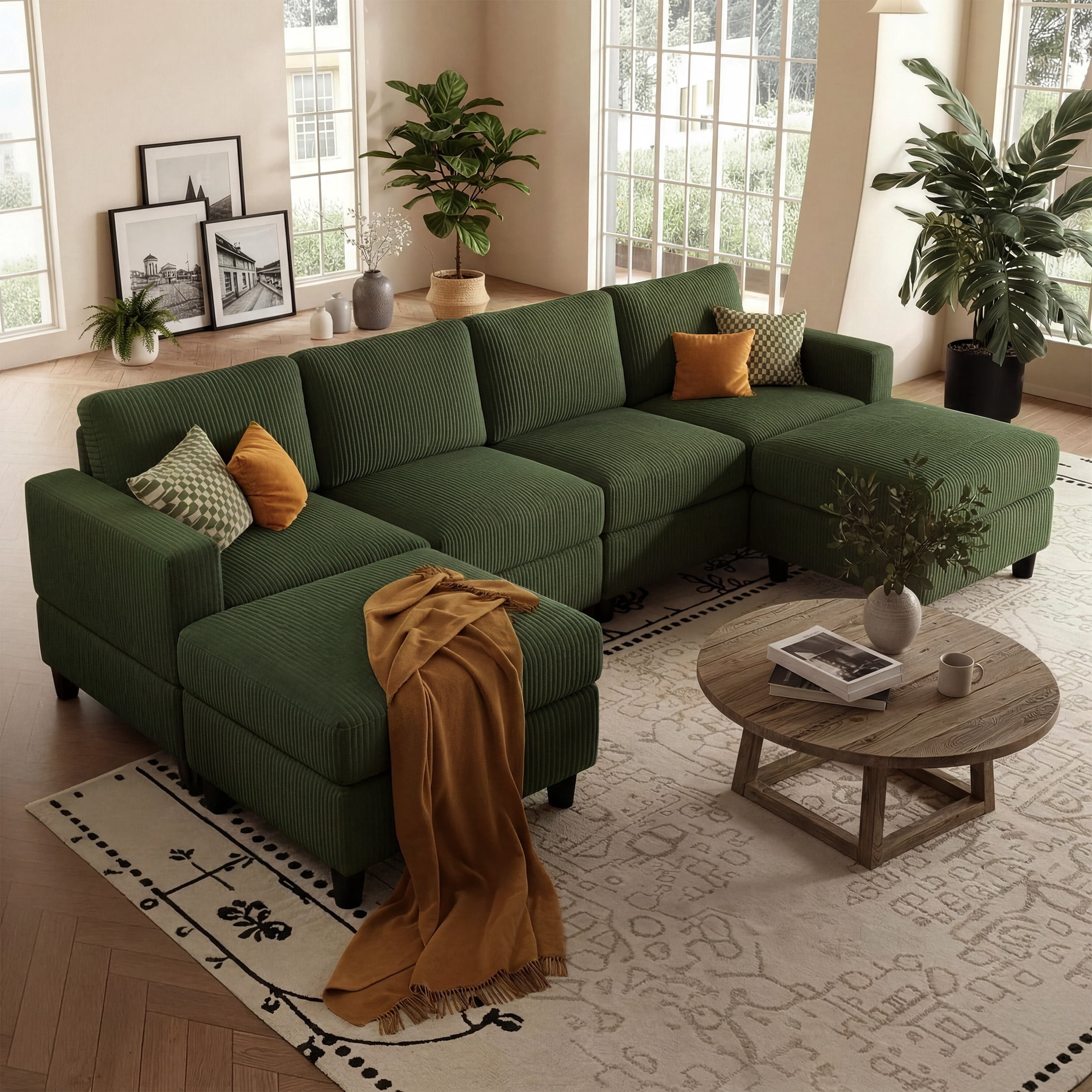 Aukfa 101" Corduroy U-Shaped Sectional Sofa with 2 Ottomans, 6-Seater Cloud Couch, Green