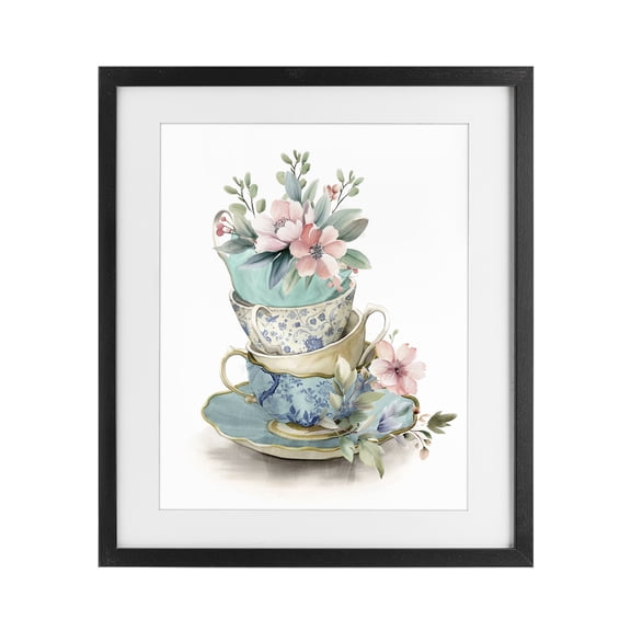 Stupell Industries French Country Tea Cup Chinoiserie Blossoms Black Framed Print Under Glass, 13 x 16, by Kim Allen
