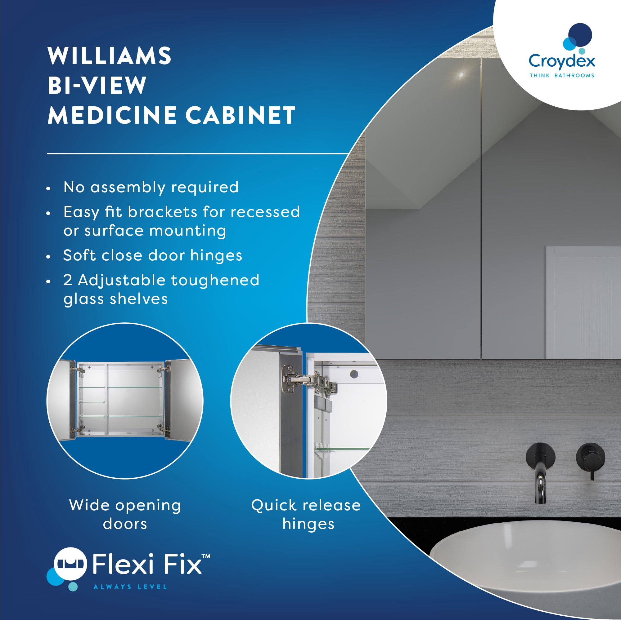 Croydex Williams Double Door Aluminium Bathroom Medicine Cabinet with Mirror in Silver (30X26in)
