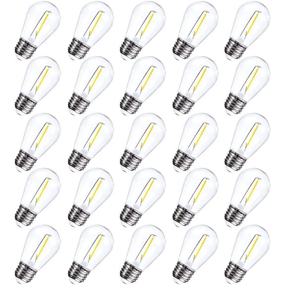 25-Pack S14 1W Outdoor String Lights Bulbs LED, Shatterproof & Waterproof, 2700K Soft White, 11W Equivalent, E26 Base Non-dimmable, Edison Vintage Style Replacement for Patio Garden