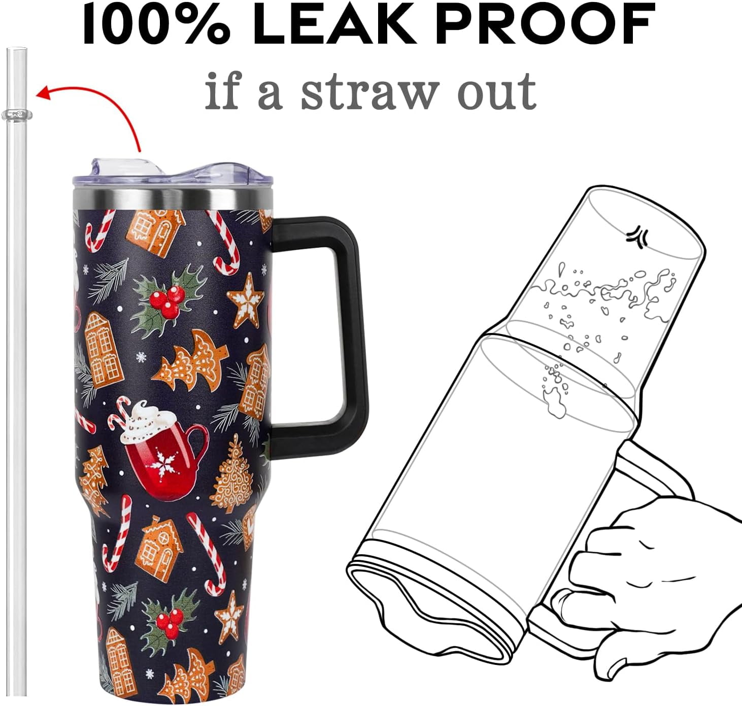 Christmas Tumbler with Handle and Straw Lid 40 oz,Cute Christmas Gifts for Women Gingerbread House Vacuum Insulated Leak Proof Tumbler,Winter Holiday Accessories Stainless Steel Coffee Cup Mug