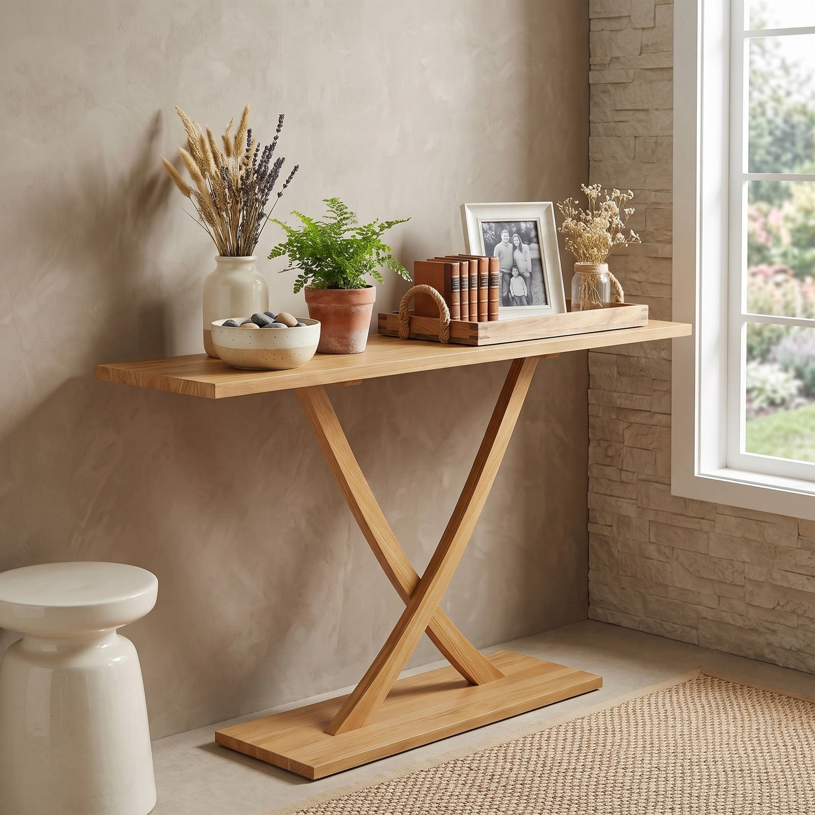 Furnibear 57 Inch Solid Wood Console Table with Teak Wood Frame and Geometric X-Shaped Base for Living Room and Entryway, Natural