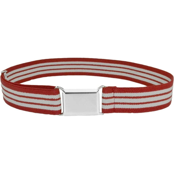 Hold'em Elastic Belt for Toddler Unisex Kids with Silver Square Buckle - Striped Red and White
