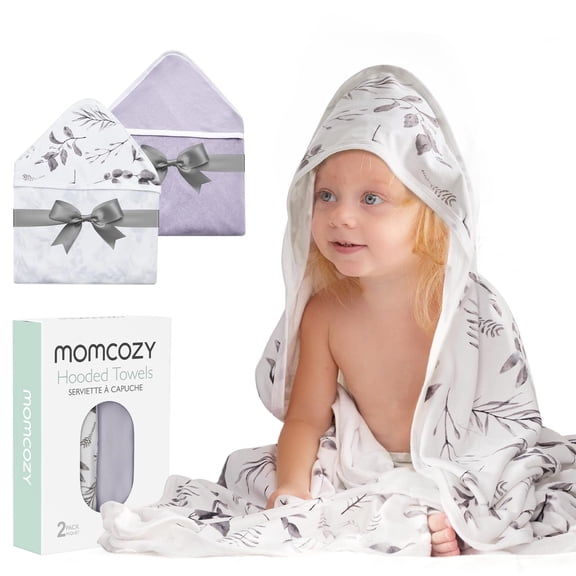 Momcozy Hooded Baby Towel, 2 Pack and Cotton Bath Towel with Hooded, Large 35 X 35 Inch, Baby Towel Set for Boy or Girl,Infant and Kid, Ink Wash Leaves