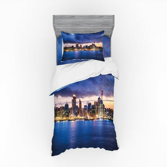 Ambesonne City Bedding Set 3 Pcs, Auckland in New Zealand, Twin XL, Navy Blue Pale Yellow