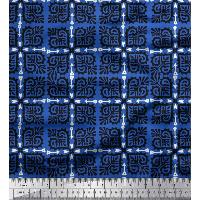 Soimoi Polyester Crepe Fabric Arrow,Swirl & Floral Block Printed Fabric 1 Yard 52 Inch Wide