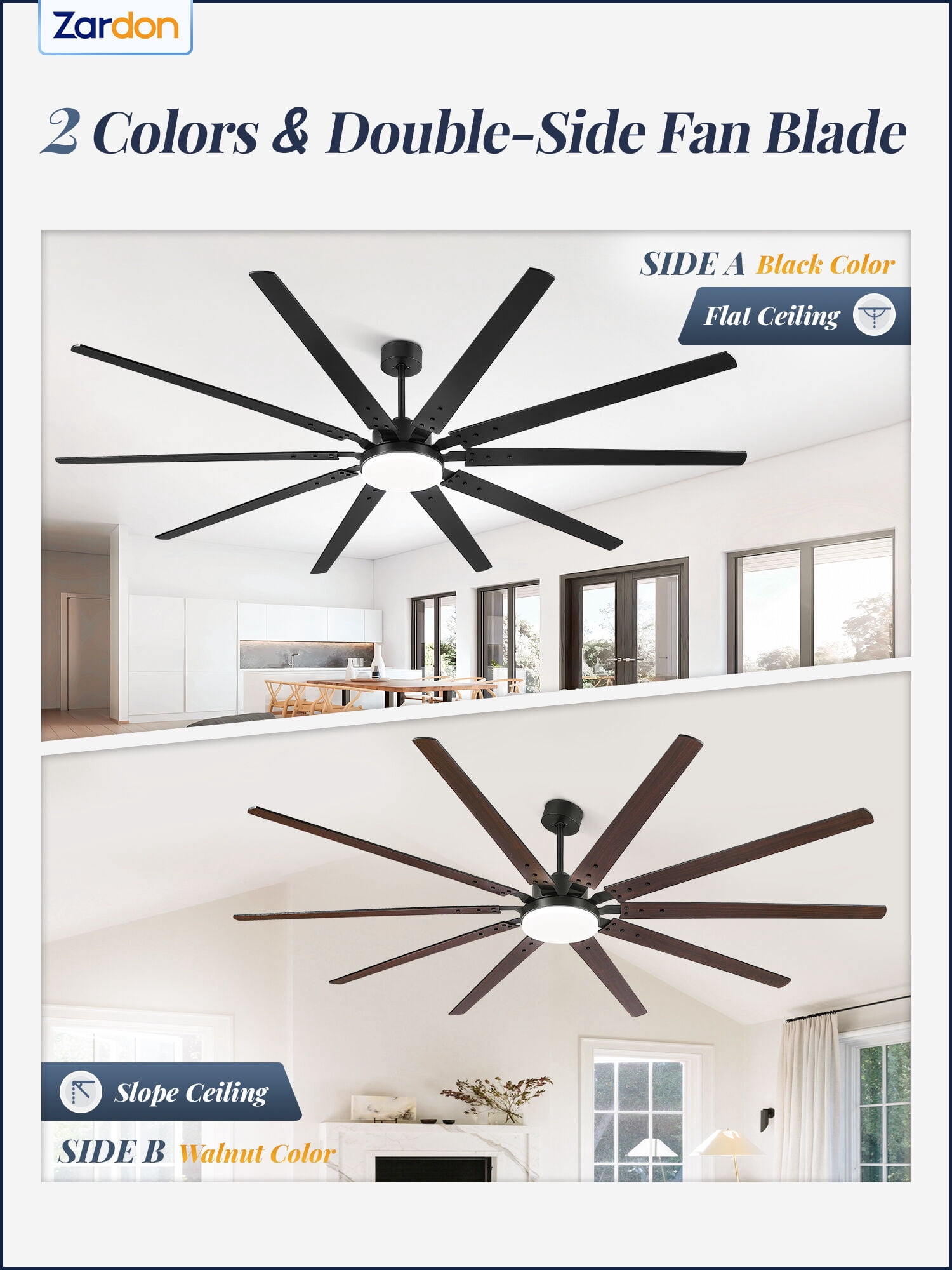 Zardon 100" Industrial Modern Ceiling Fan with LED Light and Remote, 10 Black Blades, Quiet Reversible DC Motor with 6-Speed for Large Room, Indoor