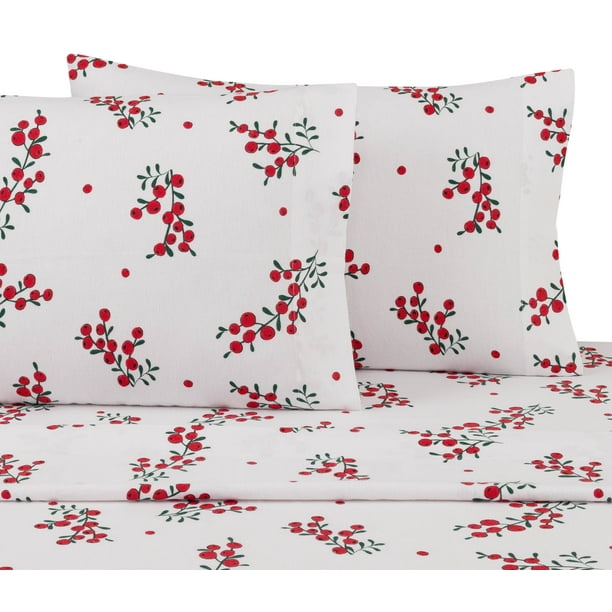 Mainstays Twin Flannel Sheet Set, Holly Berries - Walmart.com - Walmart.com
