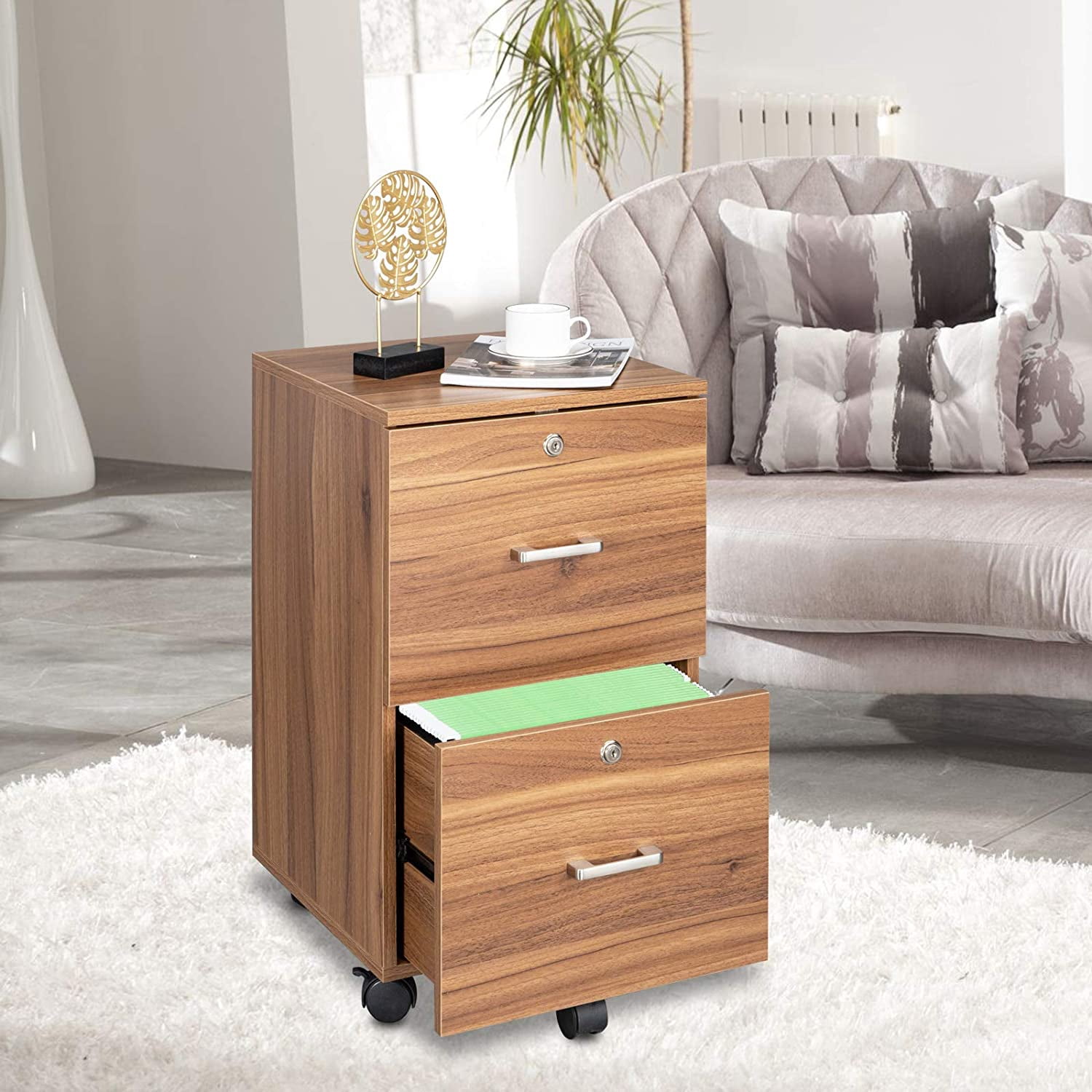 VINGLI 2-Drawer Rolling File Cabinet with Lock, Letter Size Wood Mobile Filing Cabinet Under Desk for Home Office, Walnut, 26.5in