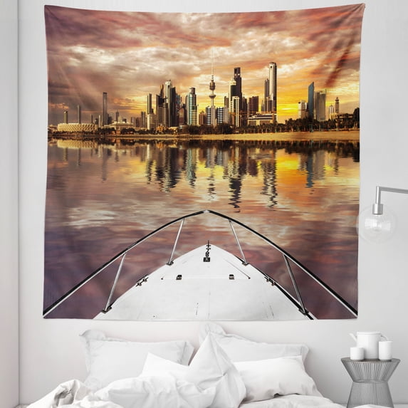 Travel Tapestry, Kuwait City Skyline from Sailboat Majestic Sky Skyscrapers Arabia Landscape Photo, Fabric Wall Hanging Decor for Bedroom Living Room Dorm, 5 Sizes, Multicolor, by Ambesonne