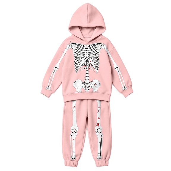 CAIVO Girls Halloween Outfit Sets Skeleton Printed Hooded Long Sleeve Sweatshirt Pants Two Piece Toddler Youth Casual Athletic Wear Clothing Set