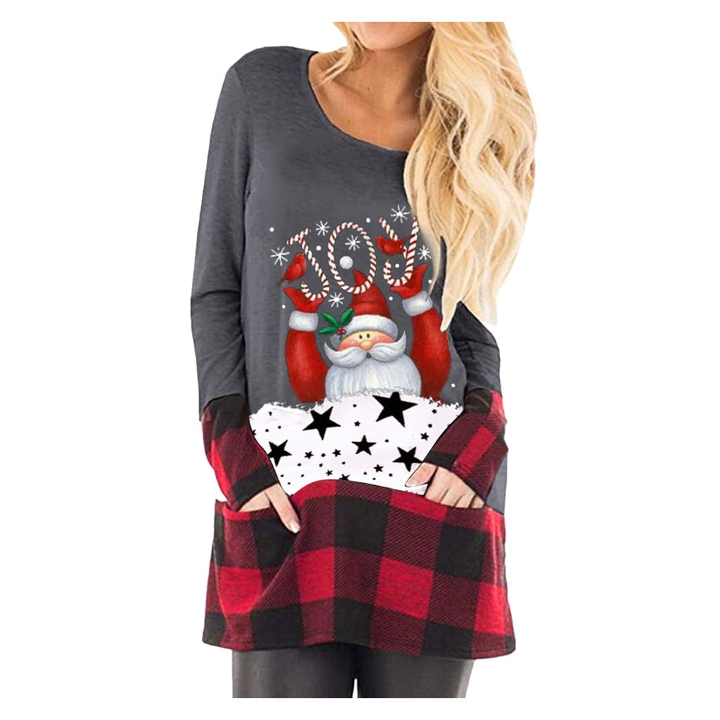 Tshirt Christmas Tops Plaid Splice 