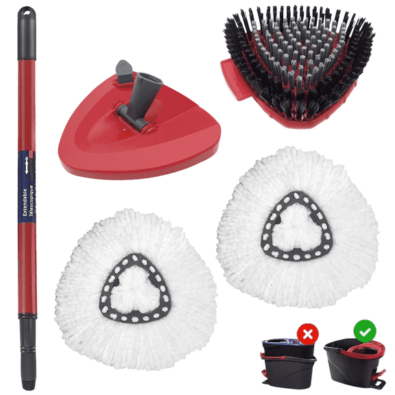 Spin Mop Heads Compatible with O-Cedar EasyWring System, 1 Mop Handle (22-49 inch)   2 Microfiber Refill Heads   1 Mop Base   1 Scrub Brush Combo Set