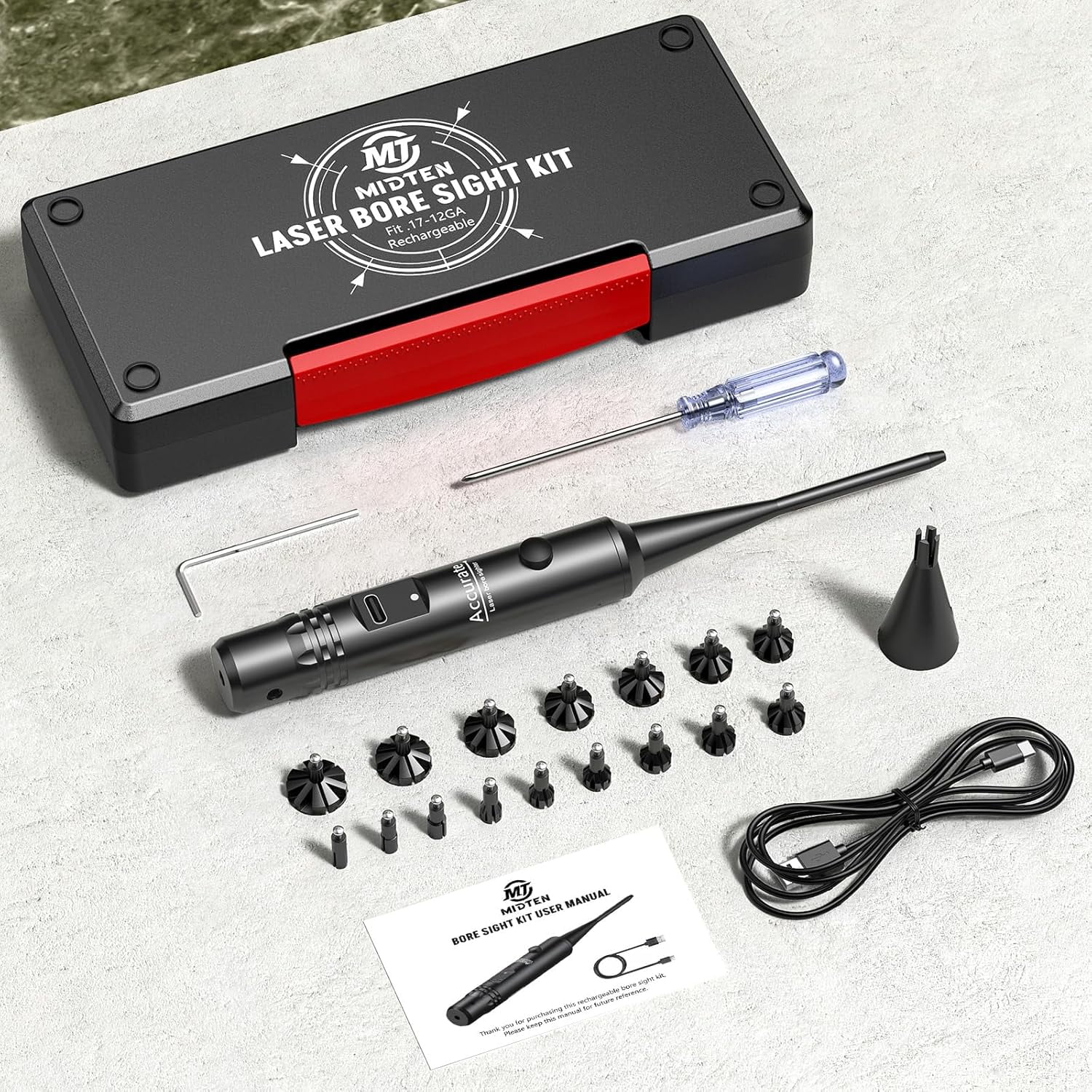Rechargeable Red Bore Sighting Kit for 0.17 to 12GA Cal, Multiple Caliber 16 Adapters