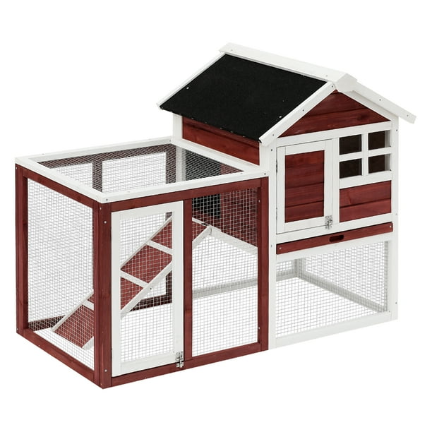 Clapier cage à lapins multi-équipé : niche supérieure avec rampe, plateau  excrément, fenêtre + enclos extérieur sécurisé 2 portes 122L x 63l x 92H cm  rouge brique