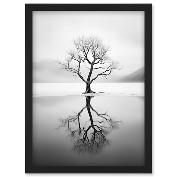 Lone Tree by Frozen Lake Winter Landscape Black and White Photograph Artwork Framed Wall Art Print A4