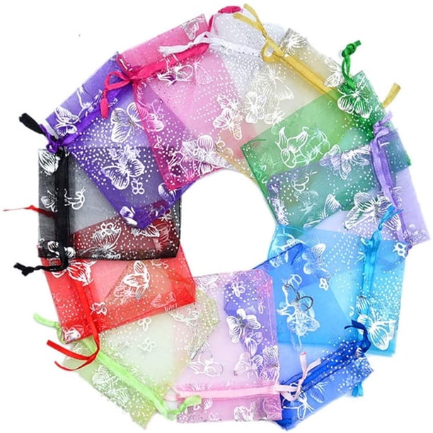 Bolsa de regalo de organza, paquete de 100 mariposas, 10 x 12 cm, con estampado plateado