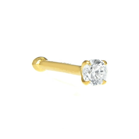 - 14k Yellow Gold Round Prong Set CZ Stud Nose Ring - 0.55mm 22 Gauge 9mm Long