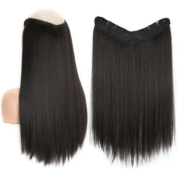 Aorsher One Piece Clip in Hair Extensions 3/4 Full Head Synthetic Hair Extensions with 4 Clips 16Inch Long Straight Black Brown Hairpieces for Women with Thinning Hair