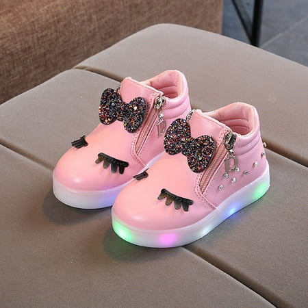

LowProfile Baby Sneakers Girls Crystal Bowknot LED Luminous Boots Sport Shoes