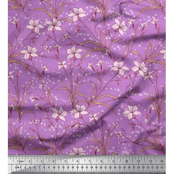 Soimoi Silk Fabric Leaves & Azalea Floral Print Fabric by Yard 42 Inch Wide
