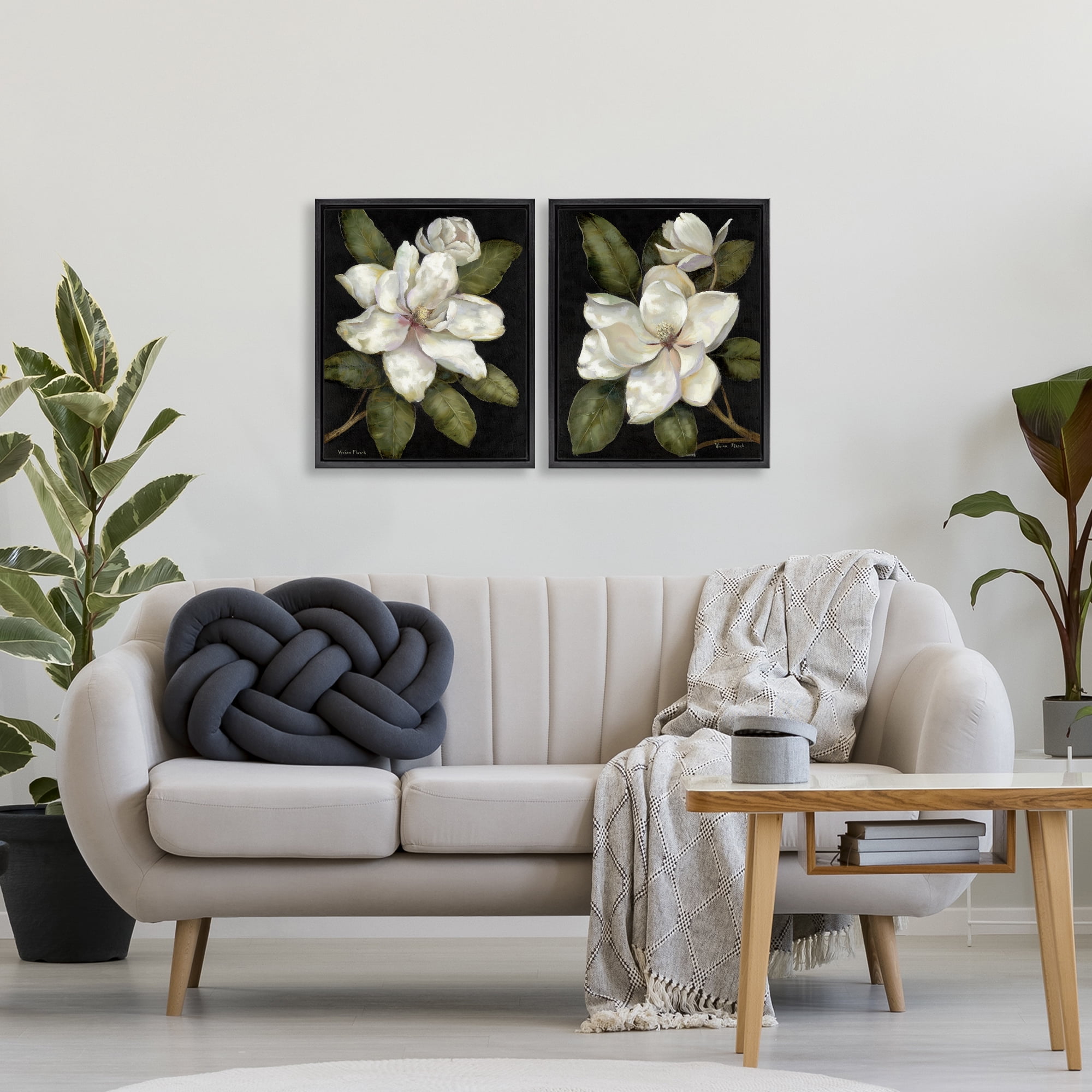 Stupell Industries Magnolia Buds & Blooms 2 Piece Black Framed Floater Canvas Set, design by Nan