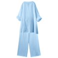 thumbnail image 7 of JFGHDG Linen Sets for Women 2 Piece Cotton V Neck 3/4 Sleeve Sleeve Top Wide Leg Pants Outfits Summer Casual Loungewear Blue L, 7 of 7