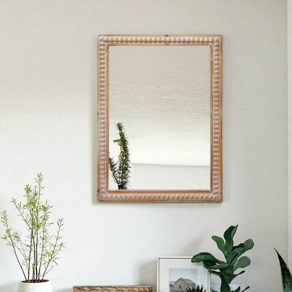GZXS 22" x 30" Rectangle Wall Mirror w/ Wood Frame & Beaded Accent, Antique Natural Farmhouse Decor Mirror for Home Decor, Bathroom, Entrance, Living Room