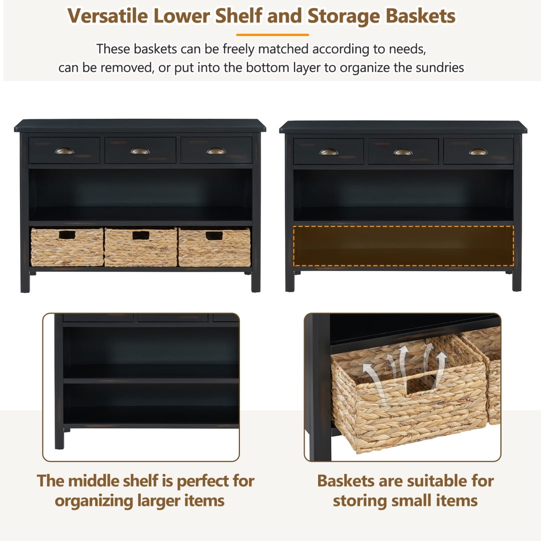 47" Retro Console Table with 3 Storage Drawers, Entryway Table with 3 Water Hyacinth Woven Baskets and Shelf, Wooden Buffet Cabinet for Entryway Hallway Living Room, Espresso