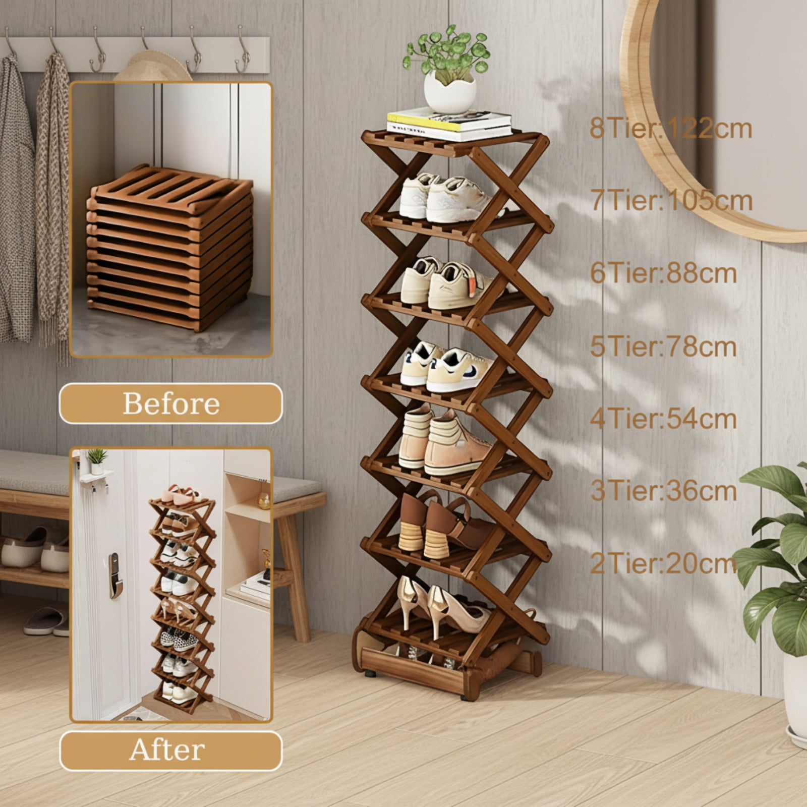 JUANYU Shoes Rack Organizer,Multi Tier Wooden Foldable Storage Rack for Home Shoe Storage with Durable Cross Structure,5-Tier,Tawny