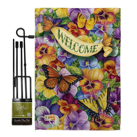 Breeze Decor BD-BG-GS-104082-IP-BO-D-US16-AM 13 x 18.5 in. Pansies with Butterflies Garden Friends Bugs & Frogs Impressions Decorative Vertical Double Sided Flag Set with Banner Pole