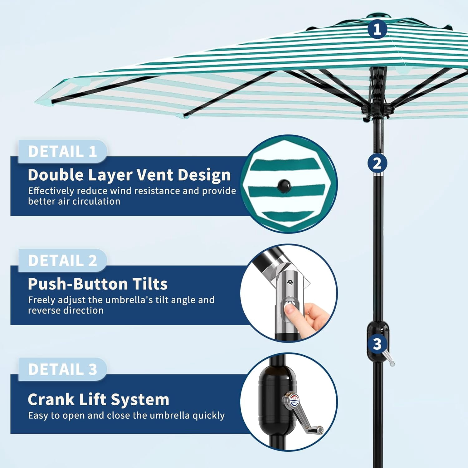 10Ft Outdoor Patio Umbrella 8 Sturdy Ribs Outdoor Table Umbrella with Crank LiFt & Push Button Tilt UV Protection Waterproof Market Umbrellas for Pool Deck Yard, Turquoise & White Stripes
