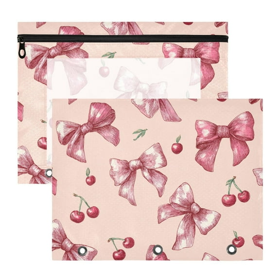 Pink Bows Cherries Hand Drawn 3-Ring Binder Pouches A4 Size Zipper Pocket File Storage 2 Packs