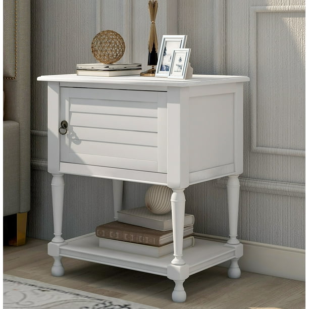 SYNGAR White Nightstand with Charging Station, Modern Solid Wood