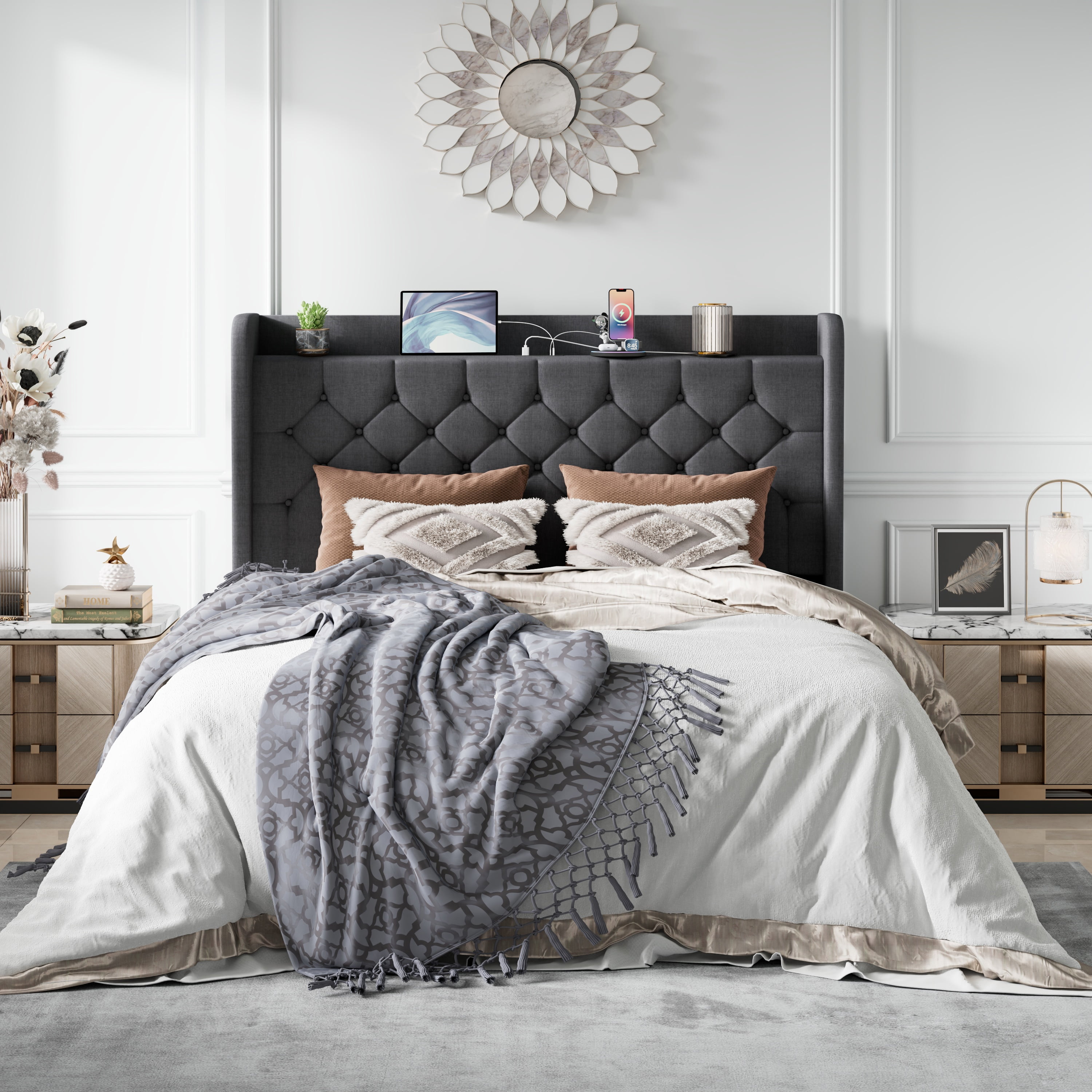Amolife Full Bed Frame with Storage Wingback Headboard and Fast Charging Hub, Upholstered Platform Bed, No Box Spring Required, Deep Gray